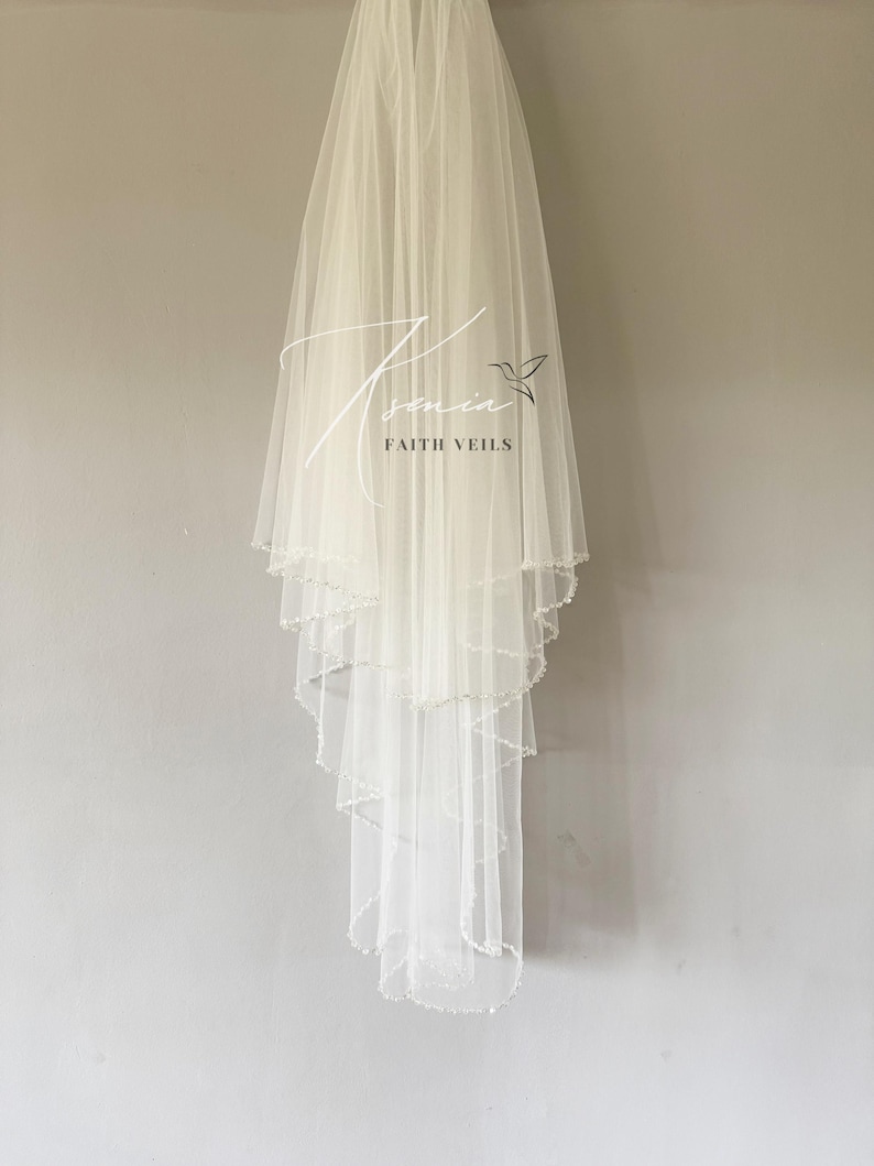 Waterfall wedding veil with сrystals Fingertip veil with sparkle edge Blusher veil with comb Two tiers bridal veil Crystal edge soft veil image 4
