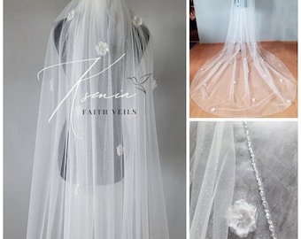 Crystal veil with 3d flower Cathedral  wide veil One tier handmade bridal veil Sparkly long wedding veil Scattered 3d flower veil Royal veil