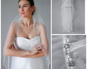 Glitter veil with pearls, rhinestones, crystals, sequins edging Sparkling fingertip veil