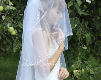 Veil with pearls and rhinestones Three tier veil Puffy wedding veil