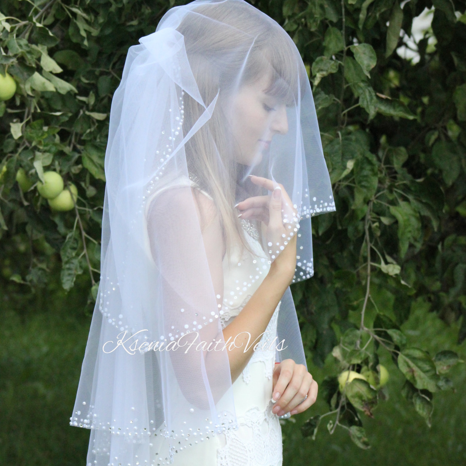 Veil with pearls and rhinestones Three tier veil Puffy wedding veil