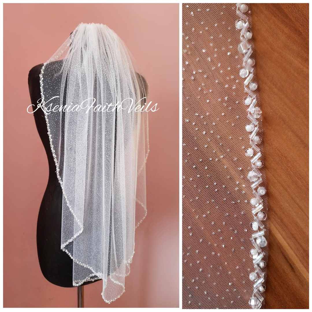 One Tier Glitter Veil With Beaded Edge Shimmering Veil Etsy