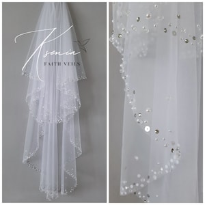 Two tier wedding veil with crystals, pearls, sequins and rhinestones Bridal veil with comb Blusher veil Edget veil Sparkly veil Midi veil