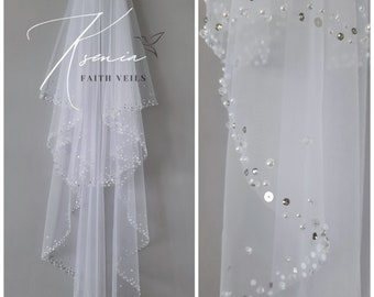 Two tier wedding veil with crystals, pearls, sequins and rhinestones Bridal veil with comb Blusher veil Edget veil Sparkly veil Midi veil