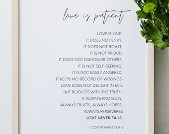 1 Corinthians 13, Wall Art Print, Love is Patient Love is Kind Printable Wall Art, Wedding Decor, Bible Verse, Christian, Bible Wall Art