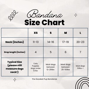 Może przedstawiać: Tabela rozmiar&oacute;w bandany z wymiarami w calach dla rozmiar&oacute;w XS, S, M i L. Zawiera pomiary szyi i długości opadania oraz typowe sugestie dotyczące rozmiar&oacute;w dla kot&oacute;w, szczeniąt i ps&oacute;w o r&oacute;żnej wadze. The Goodest Pup Bandanas.