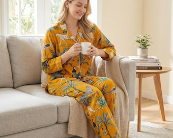 Pijama indio hecho a mano, 100 % algodón, con estampado de jungla, suave y de algodón puro.