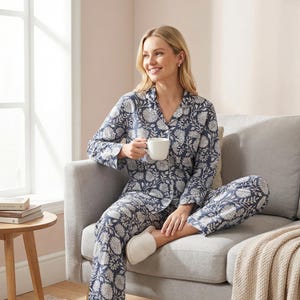 Blue Floral Block Print Cotton Pajama Set: Bohemian Sleepwear Nightwear for Women Girls Mother's Day Gift for Her