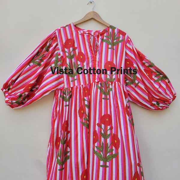 Red Floral Hand Block Print Cotton Midi Dress: Bohemian Summer Dress Galentine’s Day Gift