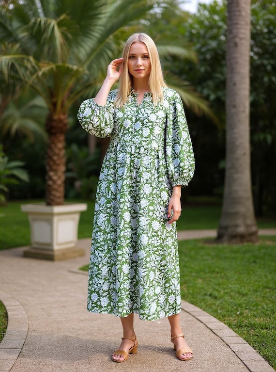 Green Floral Hand Block Print Cotton Midi Dress: Bohemian Summer Style  Galentine's Day Gift - Etsy Israel