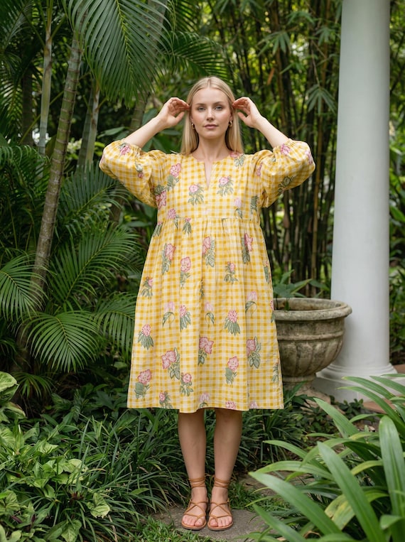womens cotton summer midi dresses Women's Hand Block Print Floral Peach Summer Cotton Midi Dress