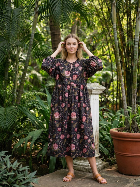 Handmade Black Printed Cotton Midi Dress: Bohemian Style Galentine's Day Gift