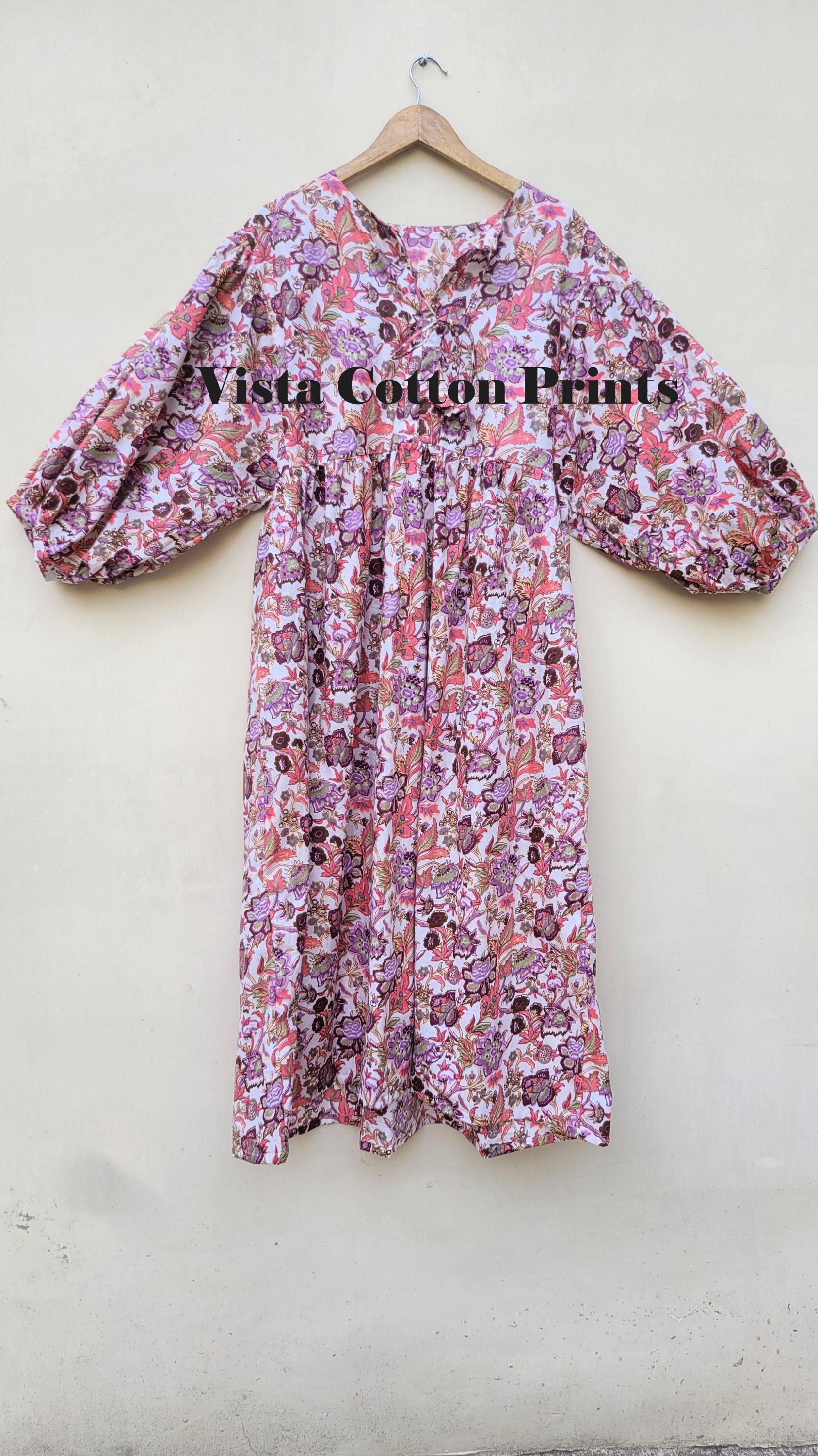 Weiß Floral Hand Block Print Baumwolle Midi Kleid: Boho Sommer Stil