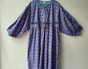 Midi-jurk blauwe bloemenkatoen: handgemaakte blokprint boho-stijl Galentine's Day-cadeau
