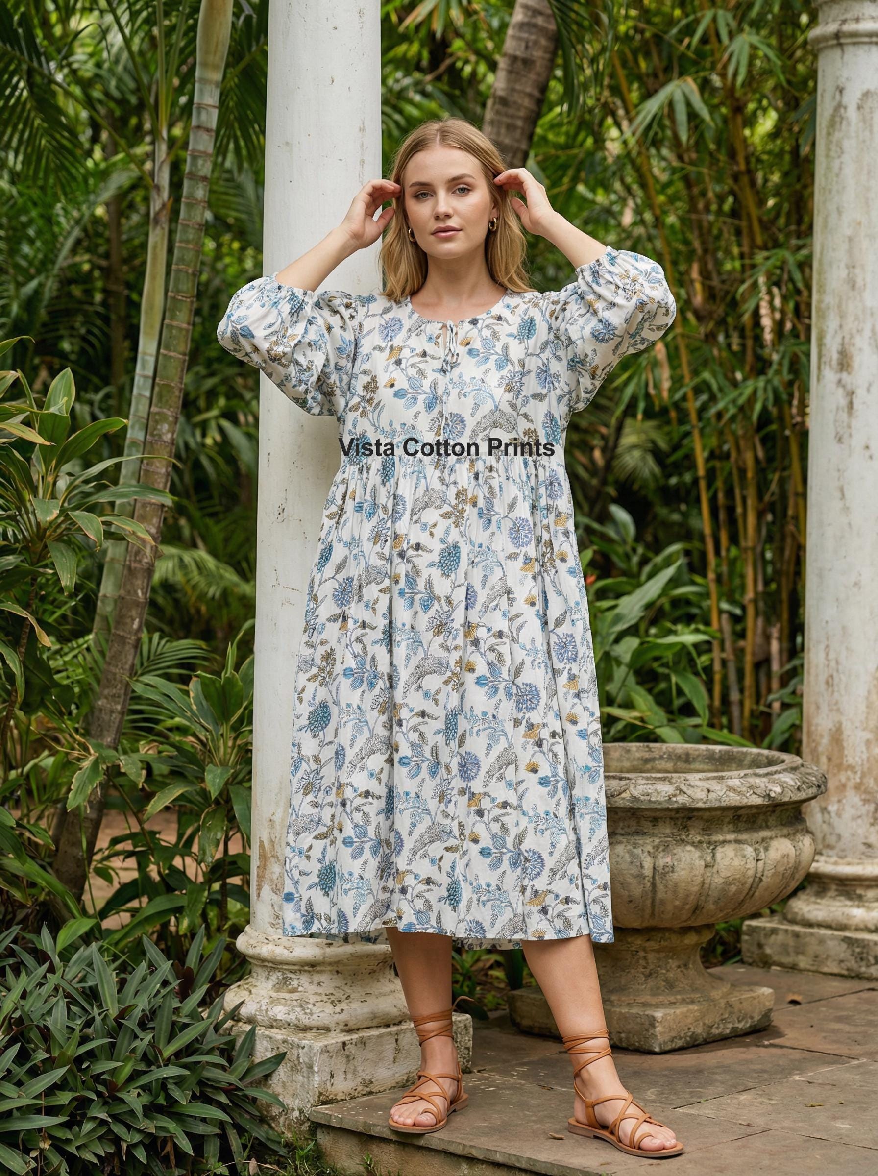 White and Blue Floral Hand Block Print Cotton Midi Dress: Bohemian Summer Dress Galentine's Day Gift