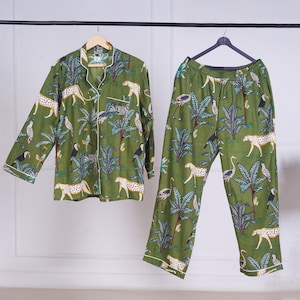 Indischer, handgefertigter Pyjama aus 100 % Baumwolle mit Dschungelmuster, weicher Baumwoll-Nachtanzug, Pyjama aus reiner Baumwolle, Blockdruck-Pyjama, Pyjama-Set