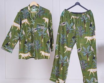Indian Handmade 100% Cotton Jungle Print Pajama Set Night Wear, Soft Cotton Night Suit-Pure Cotton Pj's, block Print Pajamas, Pajamas Set
