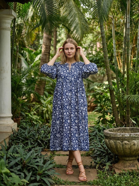 Blue Floral Hand Block Print Cotton Midi Dress: Bohemian Summer Style Galentine's Day Gift