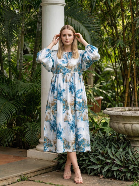 blue and white cotton midi dress White and Ocean Blue Floral Hand Block Print Cotton Midi Dress: Bohemian  Summer Dress Galentine's Day Gift