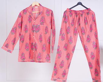 Indian Handmade 100% Cotton Floral Print Pajama Set Night Wear, Soft Cotton Night Suit-Pure Cotton Pj's, block Print Pajamas, Pajamas Set