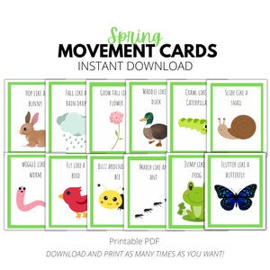 Tarjetas de movimiento de primavera, tarjetas de acción imprimibles para niños, niños pequeños, preescolar, prekínder, jardín de infantes