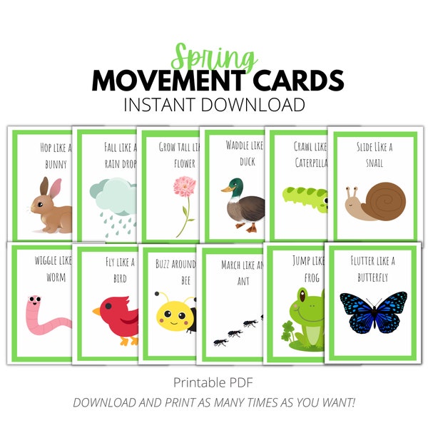 Spring Movement Cards, Printable Action Flashcards for kids, toddlers, preschool, pre-k, kindergarten