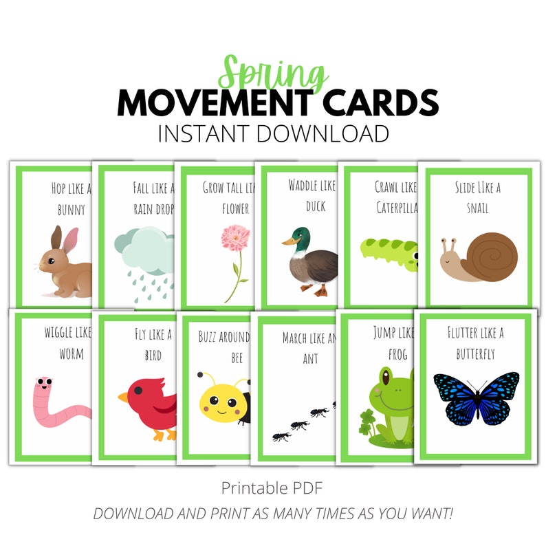 May include: A set of 12 printable spring-themed movement cards featuring colorful illustrations of animals and plants. Each card has a different movement instruction, such as "Hop like a bunny" or "Fly like a bird".