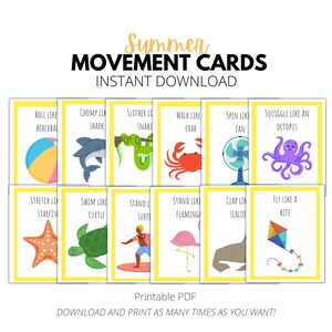 Tarjetas de movimiento de verano, tarjetas de acción imprimibles para niños, niños pequeños, preescolar, prekínder, jardín de infantes