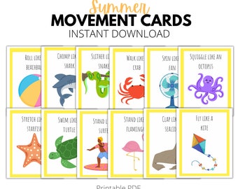 Summer Movement Cards, Printable Action Flashcards for kids, toddlers, preschool, pre-k, kindergarten