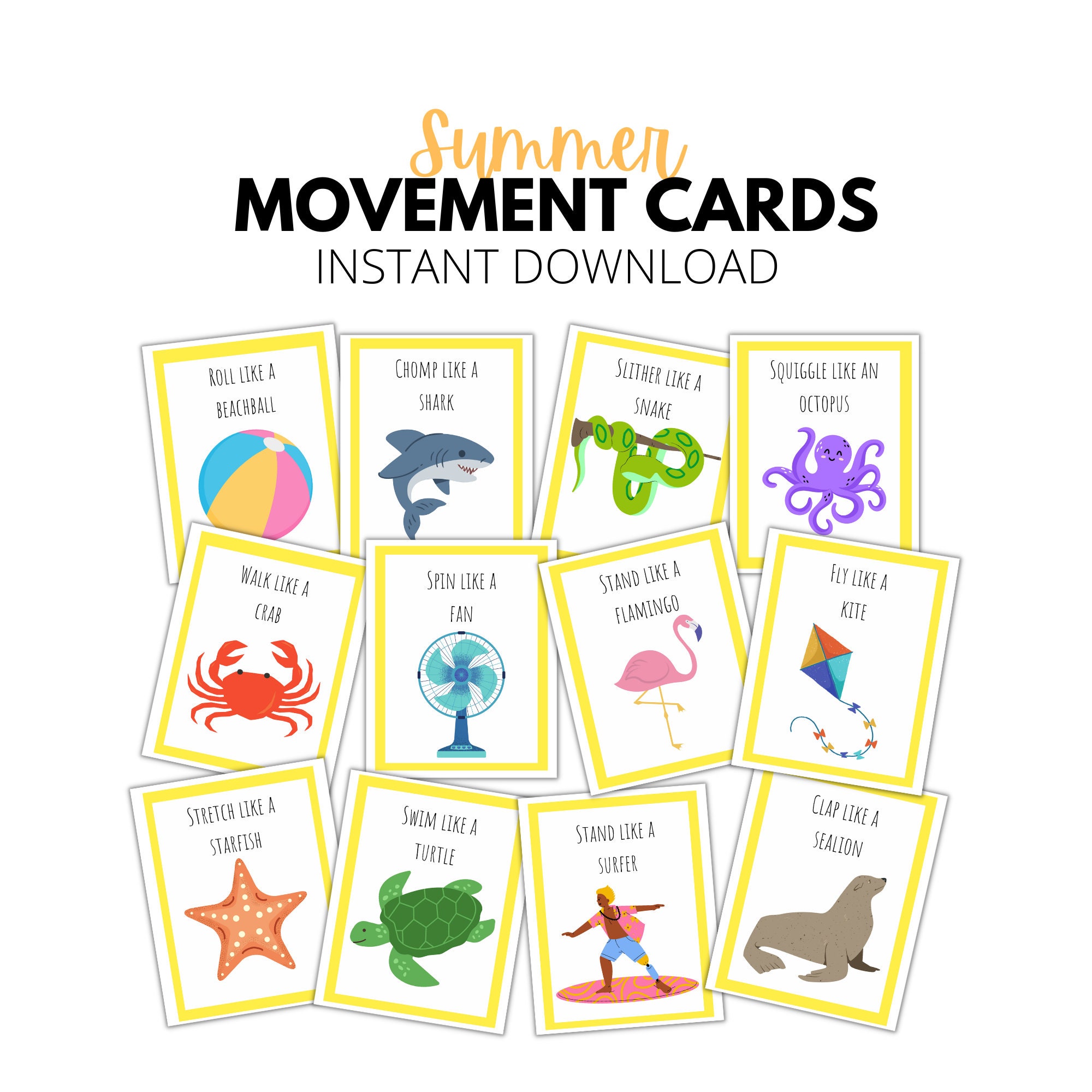 Summer Movement Cards, Printable Action Flashcards for Kids, Toddlers