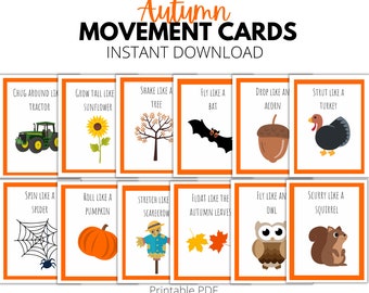 Cartes de mouvement d'automne, Flashcards d'action imprimables pour les enfants, les tout-petits, l'école maternelle, la maternelle, la maternelle