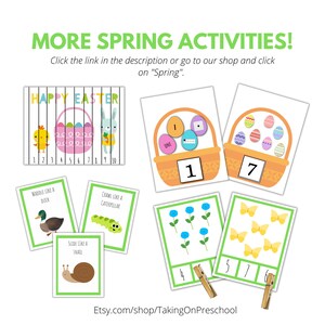 May include: A set of printable spring-themed activity cards for preschoolers. The cards feature images of a duck, caterpillar, snail, Easter eggs, butterflies, and flowers. The cards are designed to help children learn about counting, colors, and shapes.