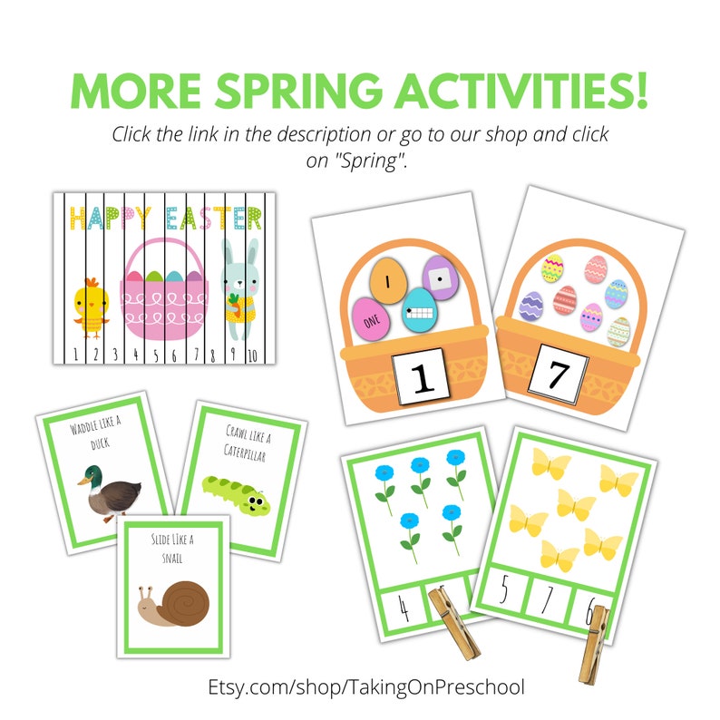 May include: A set of printable spring-themed activity cards for preschoolers. The cards feature images of a duck, caterpillar, snail, Easter eggs, butterflies, and flowers. The cards are designed to help children learn about counting, colors, and shapes.