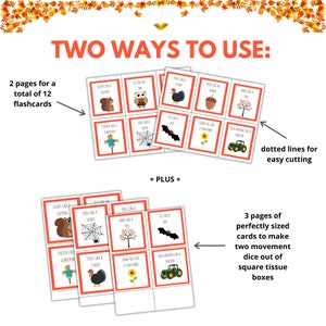 May include: Two pages of printable flashcards with fall-themed images and text. The text includes phrases like "Scurry like a squirrel" and "Fly like an owl". The cards are designed to be cut out along dotted lines.