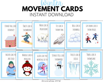 Winter Movement Cards, Printable Action Flashcards for kids, toddlers, preschool, pre-k, kindergarten