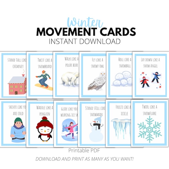 Winter Movement Cards, Printable Action Flashcards for Kids