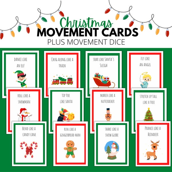 Christmas Movement Cards, Printable Action Flashcards for kids, toddlers, preschool, pre-k, kindergarten