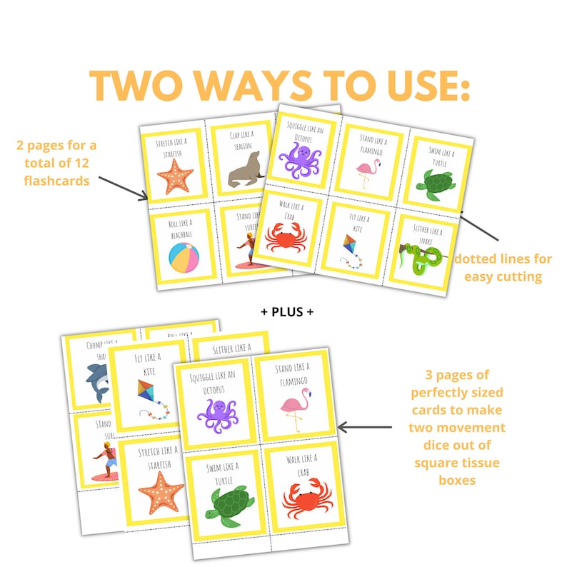 May include: Two pages of printable flashcards with yellow borders and dotted lines for easy cutting. Each card features a colorful illustration of a sea creature or beach item and a phrase like "Swim like a turtle" or "Stand like a flamingo".