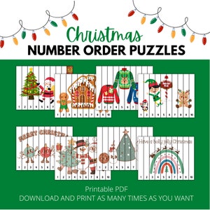 May include: Printable Christmas number order puzzles.  The puzzles feature a variety of Christmas themes, including a Christmas tree, Santa Claus, a gingerbread house, a snowman, and a rainbow.  Each puzzle has 10 numbered pieces.