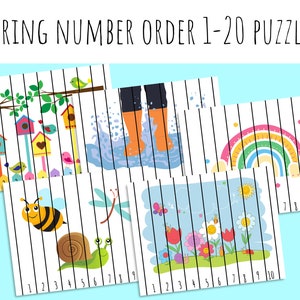 May include: Five printable number order puzzles featuring spring-themed illustrations. The puzzles include a birdhouse, rain boots, a rainbow, a bee and snail, and flowers. Each puzzle has numbers 1-10 printed below the image.