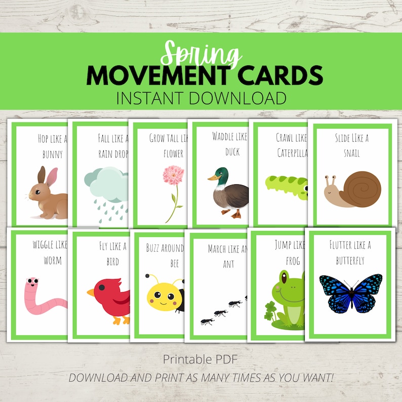 Peut inclure: Cartes imprimables avec des activit&eacute;s de mouvement sur le th&egrave;me du printemps pour les enfants. Chaque carte pr&eacute;sente une illustration color&eacute;e d'un animal et une instruction de mouvement, comme "Sauter comme un lapin" ou "Voler comme un oiseau".