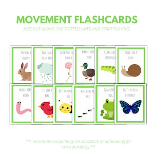 Peut inclure: Un ensemble de 12 cartes m&eacute;moire color&eacute;es avec des bordures vertes et des instructions pour couper le long des lignes pointill&eacute;es. Chaque carte pr&eacute;sente un animal ou un insecte diff&eacute;rent et une instruction de mouvement, comme "Sauter comme un lapin" ou "Voler comme un oiseau".
