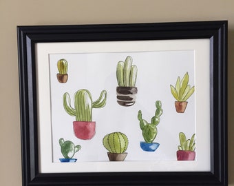 9 x 12 Original Watercolor Potted Cactus illustration