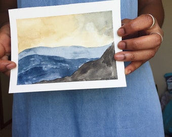 Original watercolor Mountains at Evening, Abstract landscape painting 4.5 x 6 inches