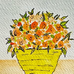Original watercolor painting of some happy orange colored flowers in a yellow pot. Bold colors. Size us 4”x6”, but can mat to larger frame.