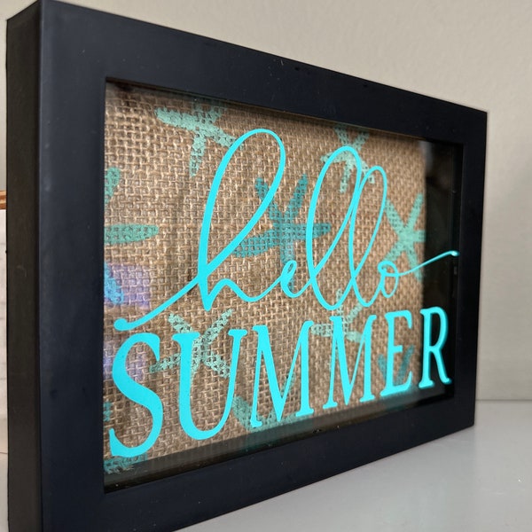 Shadowbox Art. Home Decor. Wall Art. Summer vibes. “Hello Summer” sentiment. Cheerful colors. Seashells. Beach vibe. Patio art.