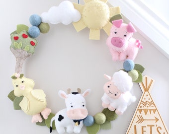 Farmyard Felt Hoop - décor pour enfants - décor de pépinière - vache - cochon - mouton - canard - ferme