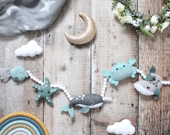 Sea Life Felt Garland - décor pour enfants - décor de pépinière - baleine - crabe - narval - poisson - étoile de mer