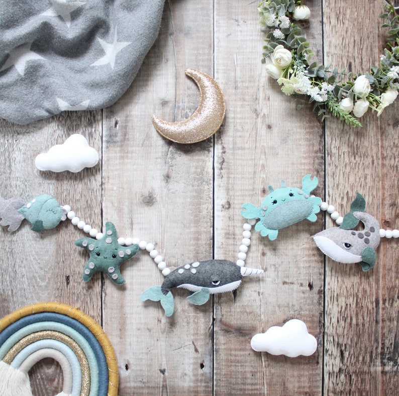 Sea Life Felt Garland kids decor nursery decor whale crab narwhal fish starfish image 1