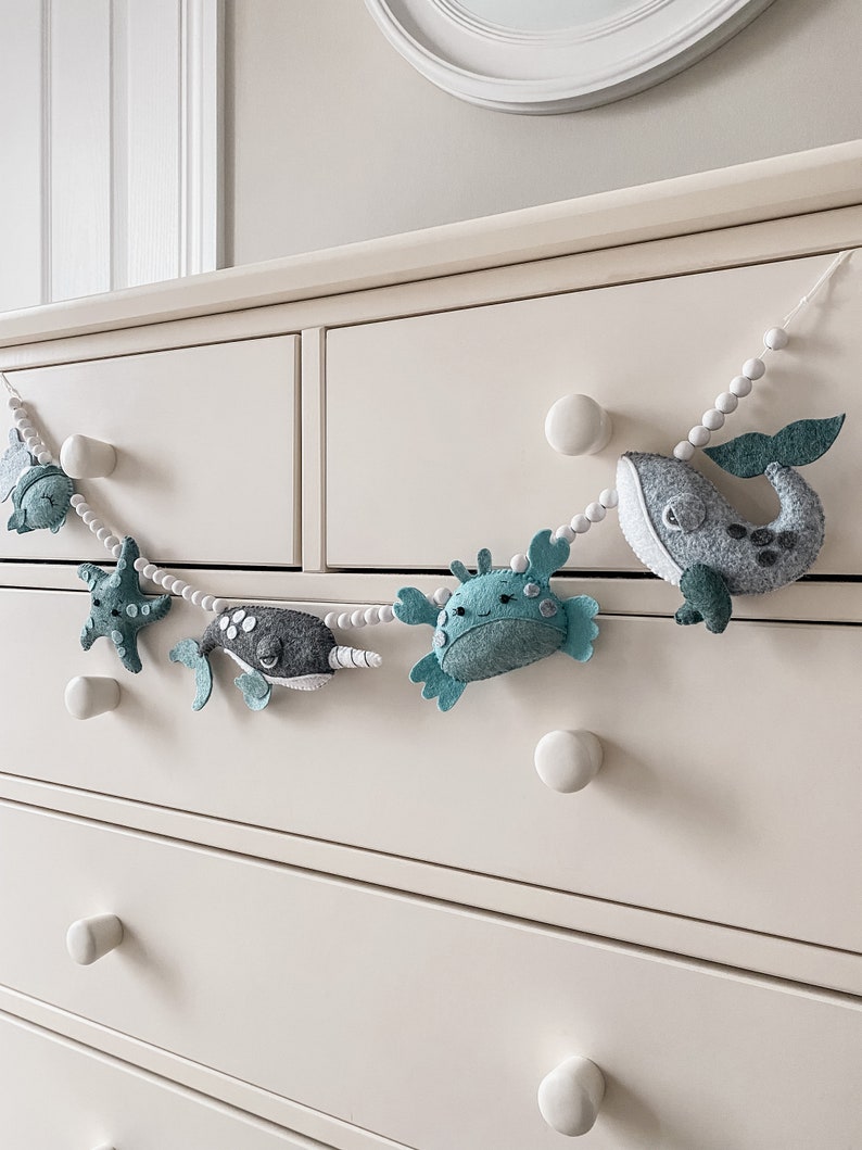 Sea Life Felt Garland kids decor nursery decor whale crab narwhal fish starfish image 2